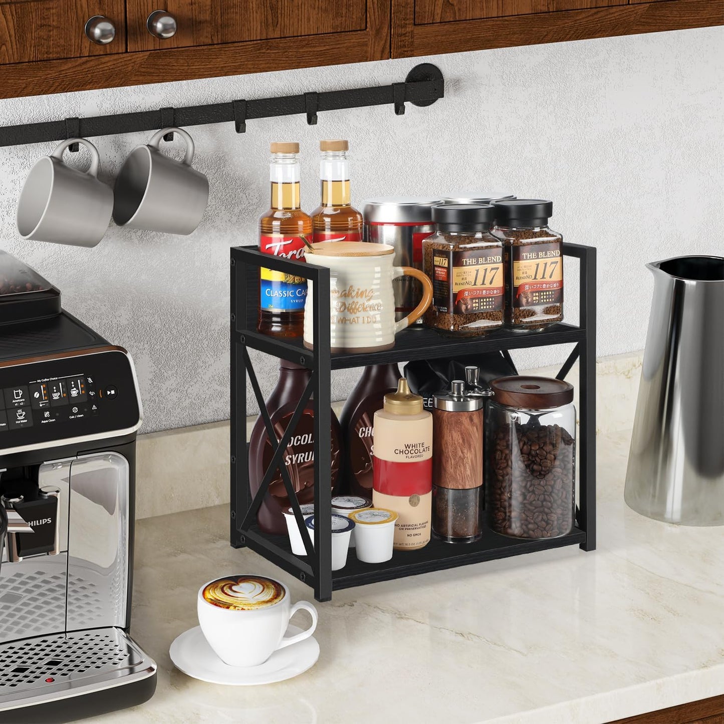 YINMIT Countertop Shelf Organizer,Coffee Bar Accessories,Spice Rack,Coffee Counter Shelf,2 Tier Coffee Organizer Station for Mugs,Cups,Cream,Syrup(Black, Medium)