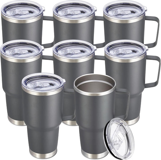30 oz Tumbler with Handle and Lid, Stainless Steel Tumblers Bulk Double Wall Vacuum Insulated Travel Mug Leak Proof Cup Keep Drinks Cold and Hot Grey, 8 Pack