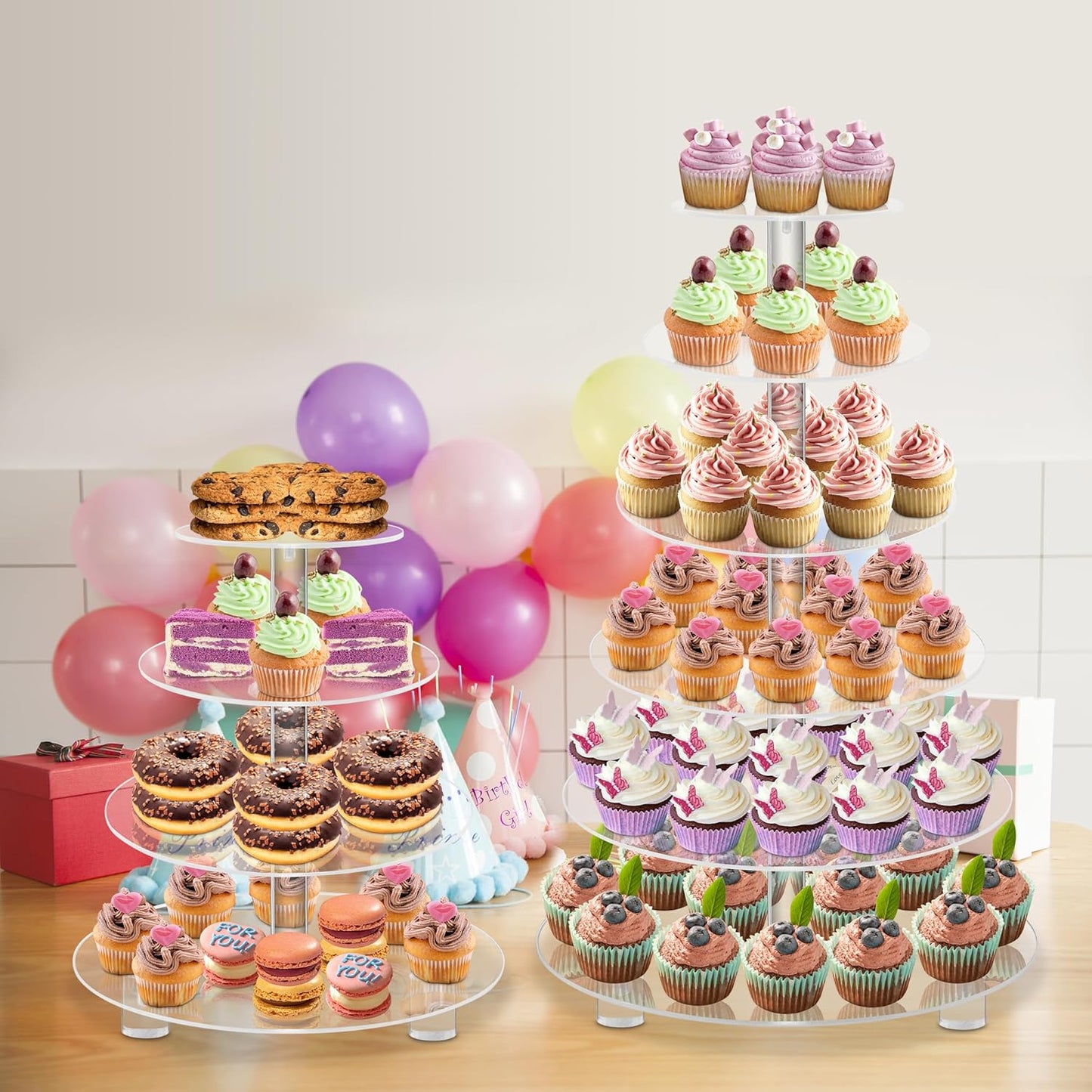 YestBuy 4 Tier Round Acrylic Cupcake Stand with Base, Premium Cupcake Holder, Acrylic Cupcake Tower Display Cady Bar Party Décor – Display for Pastry (4" Between 2 Layers with Base)