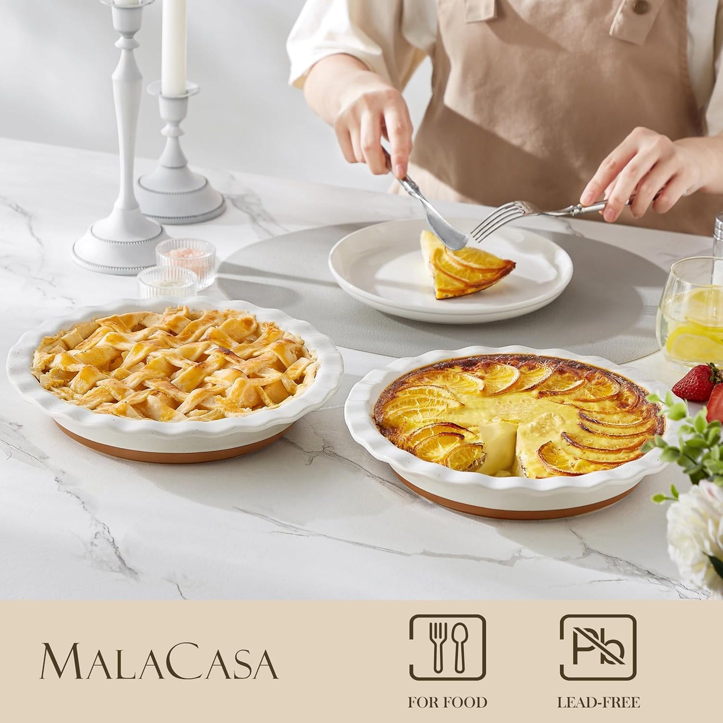 MALACASA Ceramic Pie Pan Set of 2-9 Inch Quiche Baking Dish Nonstick Pie Plate, Deep Dish Scratch-Resistant Pie Pan for Apple Pie Pot Pie, Series TARA