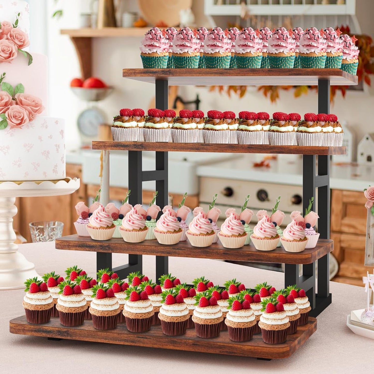 Cupcake Stand for 50 Cupcakes, 4 Tier Wooden Risers Display Stands Stepped Dessert Table Display Set with Metal Frame Tiered Tray Stand Serving Trays for Party Farmers Market Display