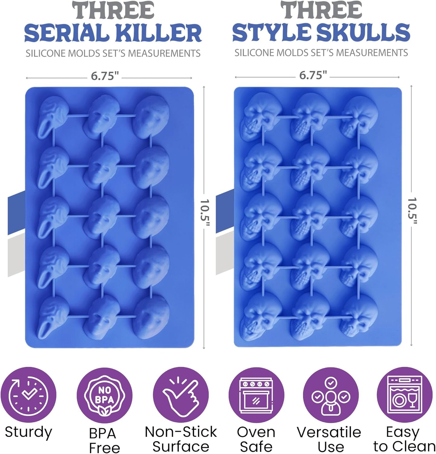 ShapedIceMolds Horror Movie Character Molds – Halloween Silicone Molds for Chocolate, Candy, Resin, Crafts – 3D Scary Film Icons for Party Treats & DIY Decor (Blue)