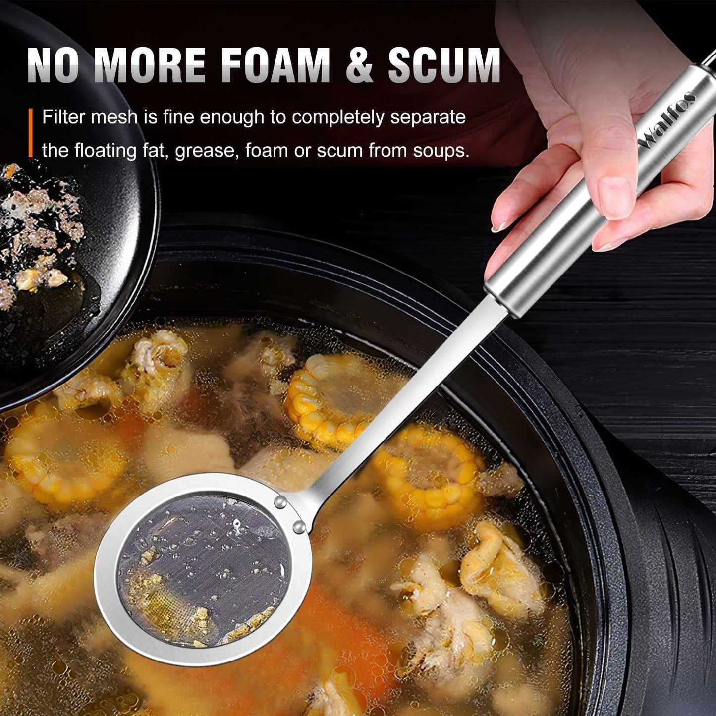 Walfos Skimmer Spoon,304 Stainless Steel Fine Mesh Strainer,Foam Strainer Oil Filter,Ultra Fine Mesh Strainer Perfect For Separation Of The Floating Foam,Fat,Set fo 2