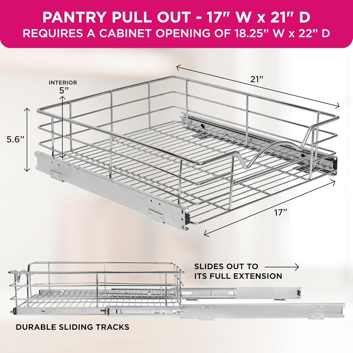 HOLDN’ STORAGE Heavy-Duty Premium Collection Pull Out Cabinet Organizer, Cabinet Drawer Slide Outs, Lifetime Limited Warranty - Basket Size 17" W x 21" D x 5" H, Anti-Rust Chrome Finish