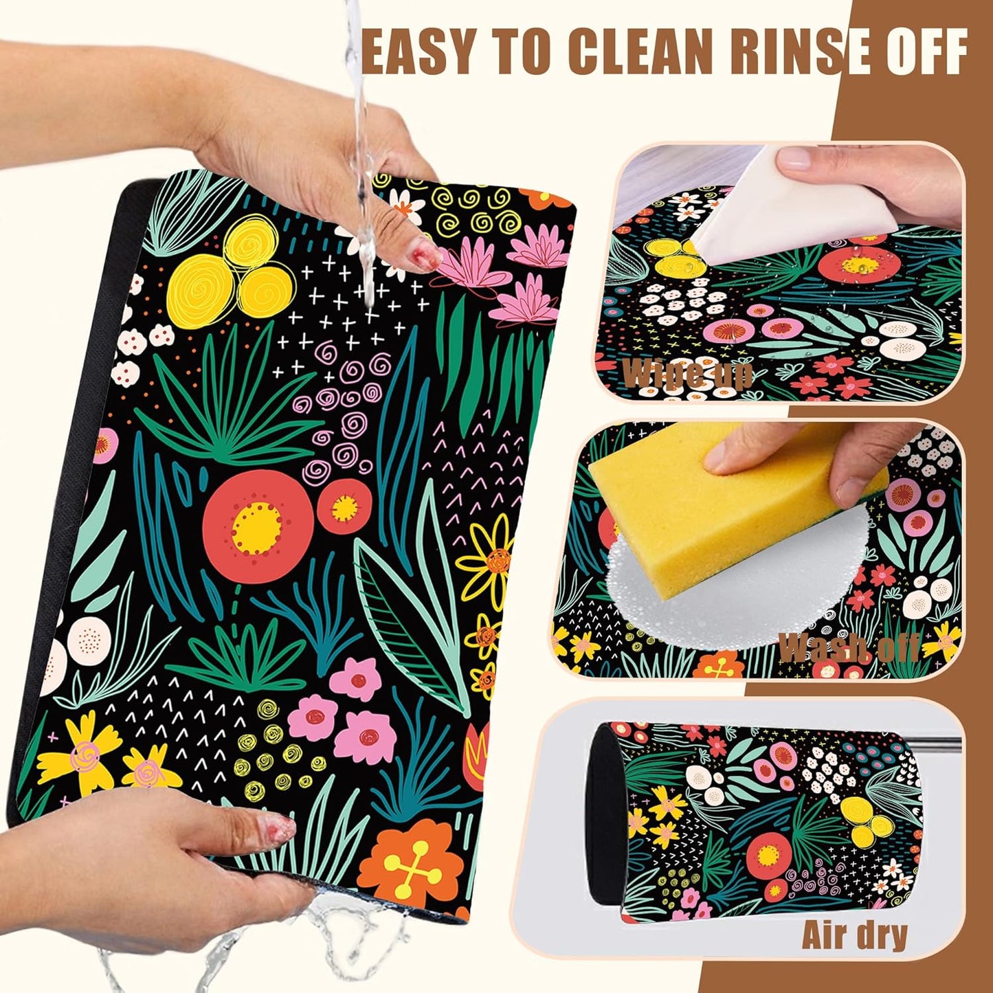 Dish Drying Mat Doodle Flower Meadow Coffee Bar Mat for Countertop Absorbent Rubber Backed Hide Stain Dish Drainer Rack Pad Coffee Pot Espresso Machine Dining Room Decoration 15.7 x 23.6 Inch