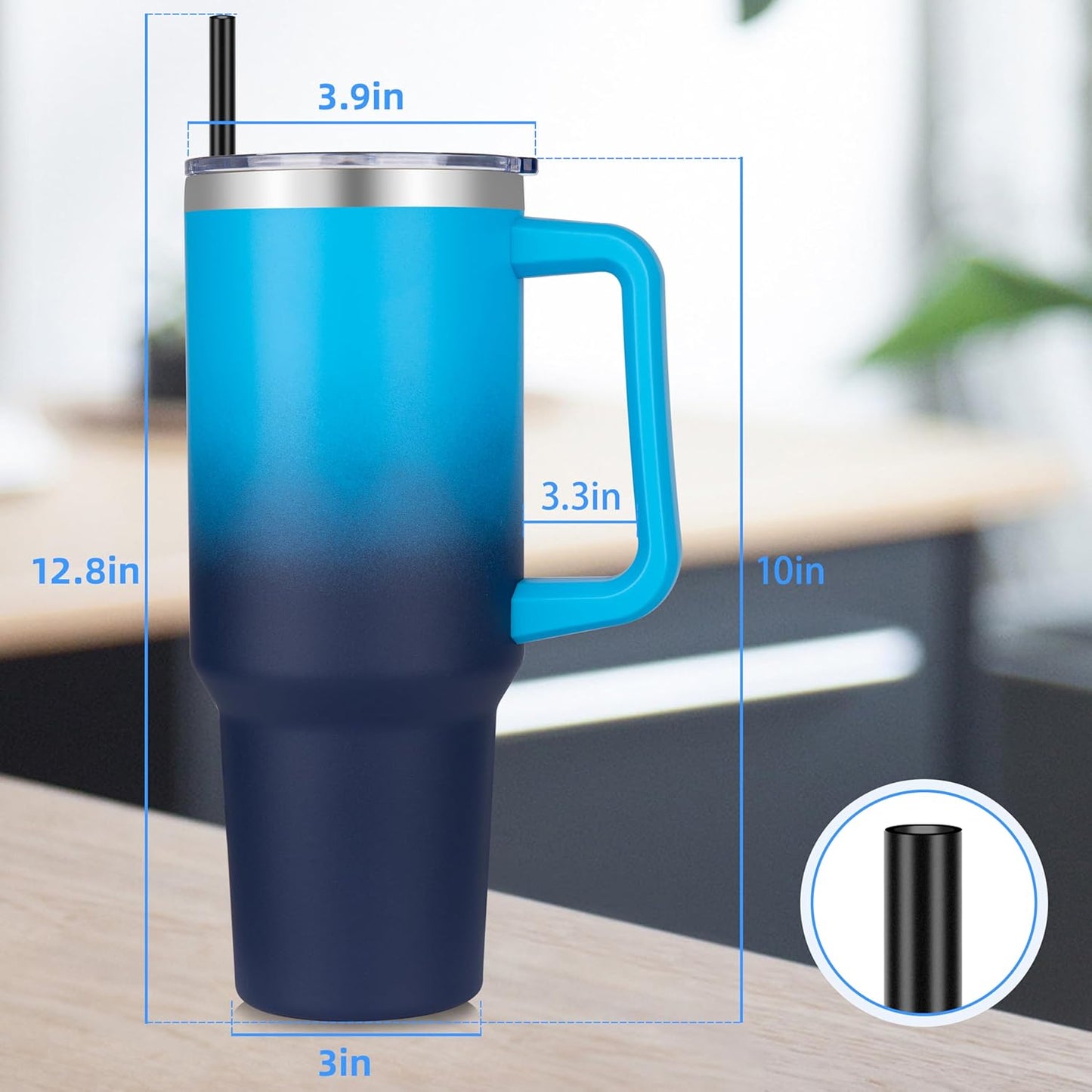 DOMICARE 40 oz Tumbler with Handle and Straw, Stainless Steel Tumbler with Lid and Straw, Reusable Vacuum Insulated Cup, Travel Coffee Mug, Blue Gradient, 1Pack