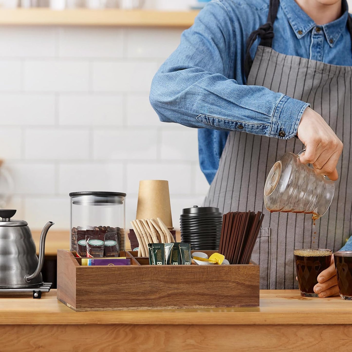 ALELION Acacia Wood Coffee Station Organizer for Countertop - 7 Compartments Coffee Bar Accessories and Organizer with Removable Dividers - Coffee and Tea Condiment storage Organizer