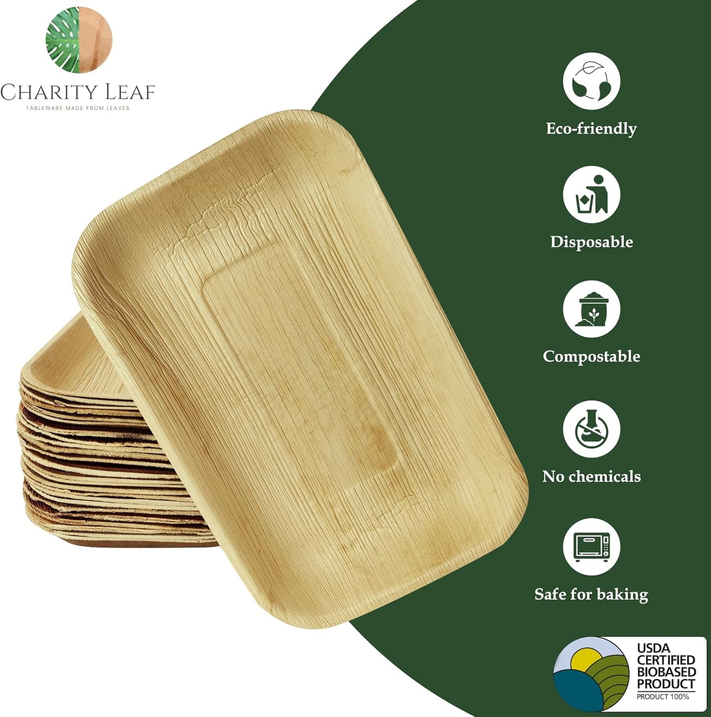Charity Leaf Eco-Friendly Palm Leaf Trays - 11"x7" (25-Pack) | Bamboo-Style, Disposable Serving Platters | Perfect for Weddings & Events | Green & Compostable Dinnerware
