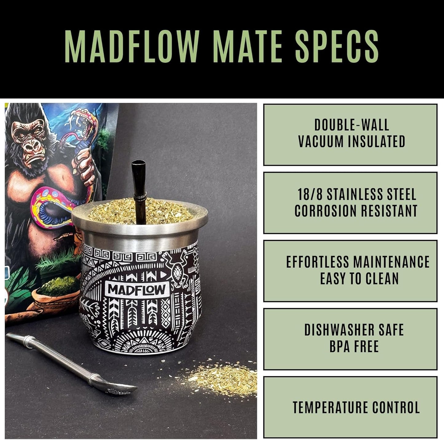 MADFLOW Yerba Mate Cup. Stainless Steel Mate Cup with 2 Bombillas. Double Wall Vacuum Insulated Yerba Mate Gourd. Unique Mate Cup And Bombilla Set