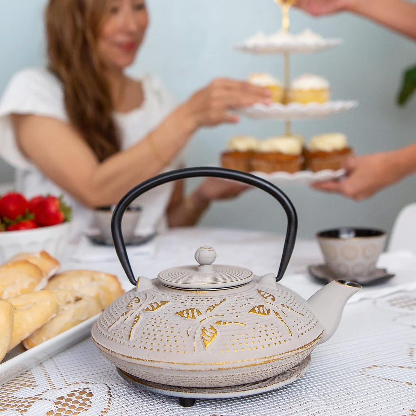 7PC Japanese Tea Set. "Sand Color" Cast Iron Tea Pot with 2 Tea Cups, 2 Saucers, Tea Infuser and Teapot Trivet. Ceremonial Matcha Accessories