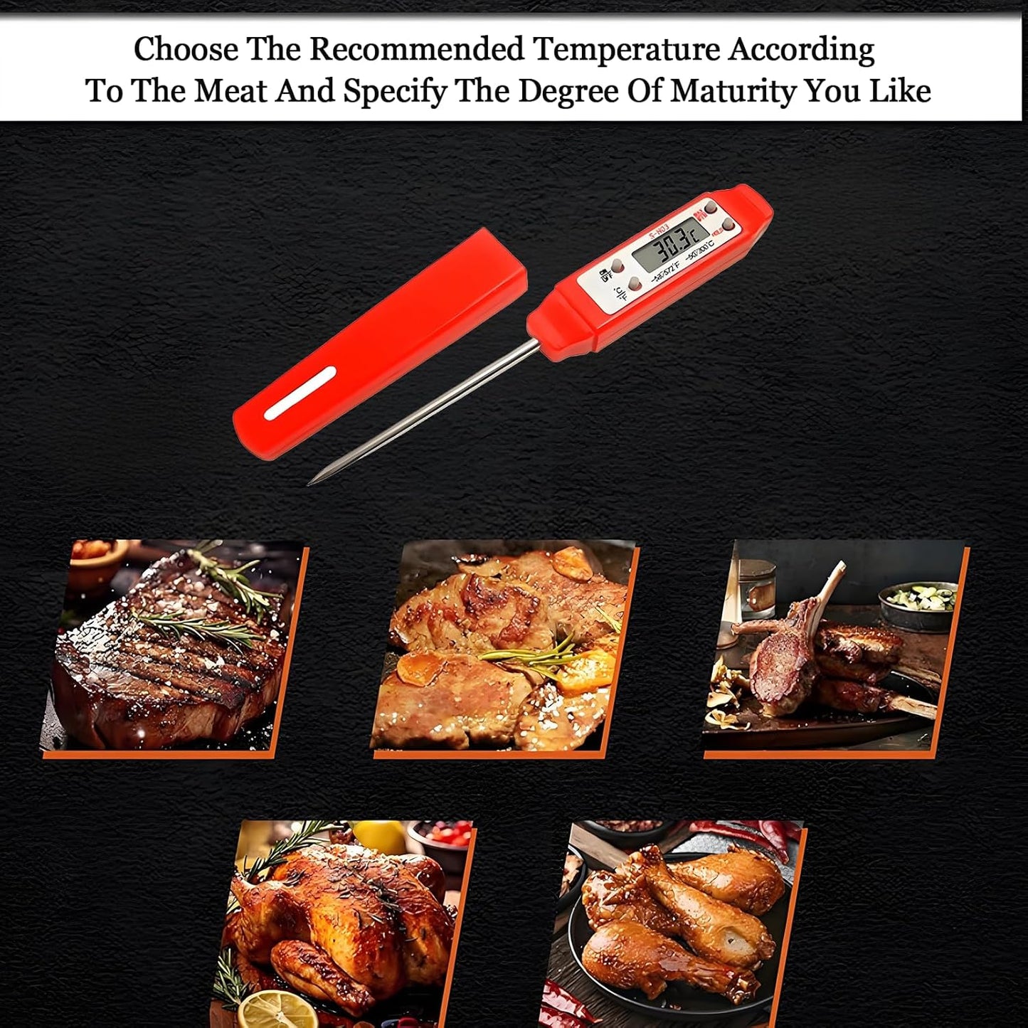 Meat Thermometer - Digital Food Thermometer for Cooking Kitchen - Automatic Calibration Pen Style Electronic Pocket Thermometer for Water Temperature, Barbecue (Red)