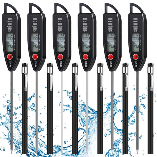 6 Set Waterproof Food Thermometer for Water, Liquid, Candle and Cooking Digital Meat Thermometer with Long Probe Instant Read for Kitchen BBQ Grill Candy (Black)
