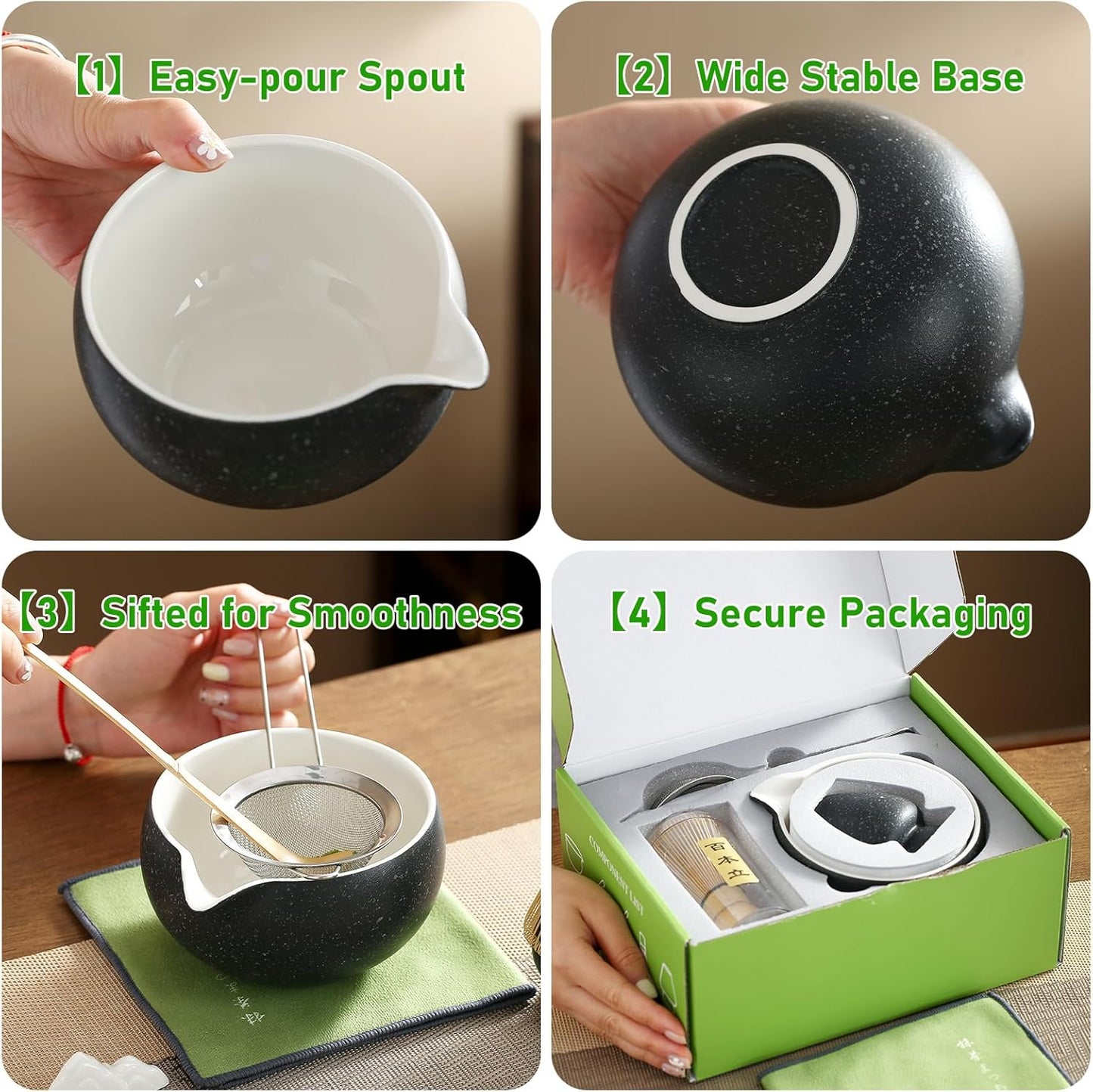 Matcha Whisk Set, Ceramic Matcha Set with Spout, Matcha Bowl Kit with Sifter, Whisk and Holder, Bamboo Scoop, Scoop Rest, Tea Towel, 7 Pcs Matcha Kit Set for Making Breakfast/Latte for Matcha Lovers