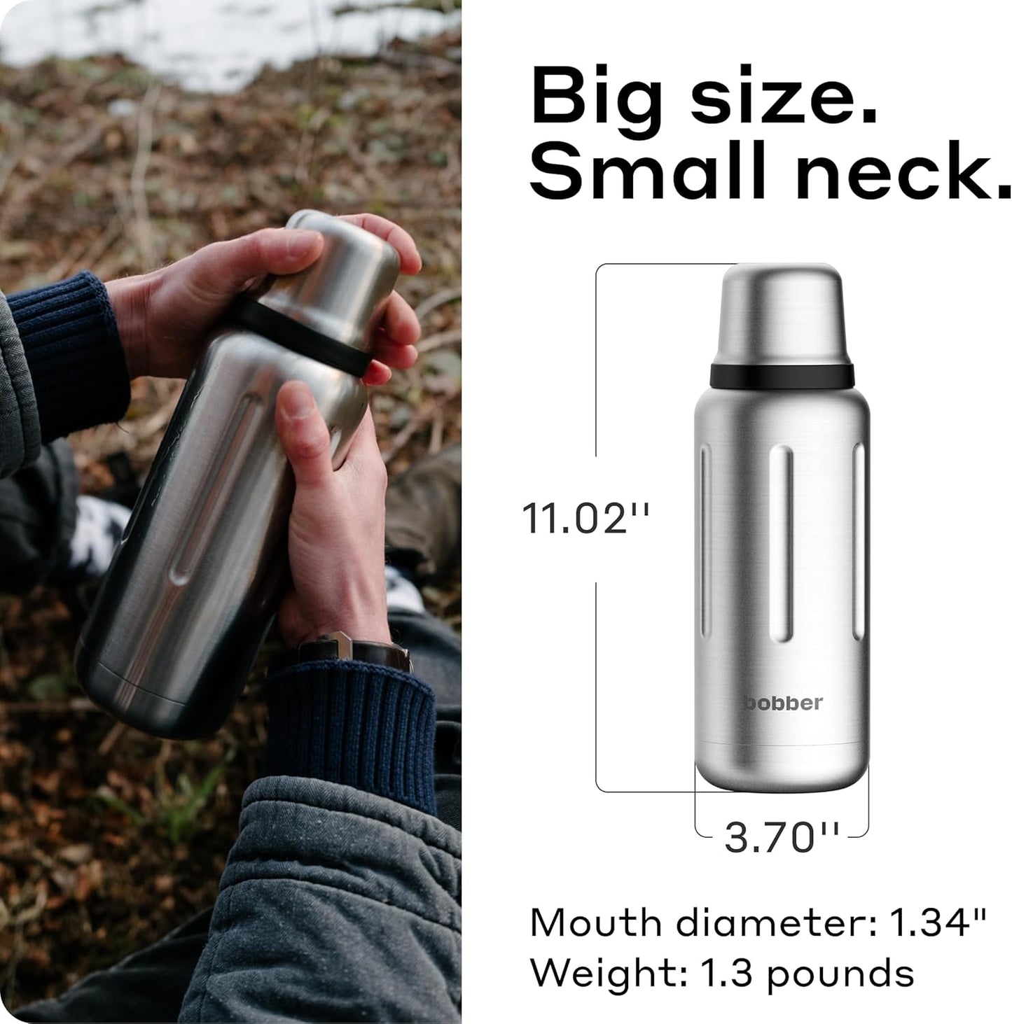 Bobber - 34 oz Vacuum Insulated Stainless Steel Water Bottle with Cup Lid - Dishwasher Safe - Keeps Drinks Hot for 48 Hours and Cold for 72 Hours - Double Walled Thermo Flask (Matte)