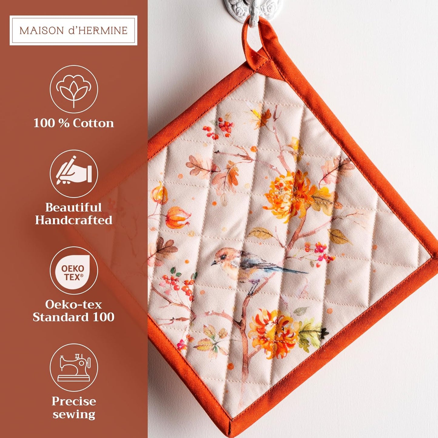 Maison d' Hermine Pot Holders Set 100% Cotton Heat Resistant Potholders 8" x 8" Hot Pads with Loop BBQ, Cooking, Baking, Grilling, Kitchen, Handling Hot Pans (Pack of 2, Kelim - Prairie)