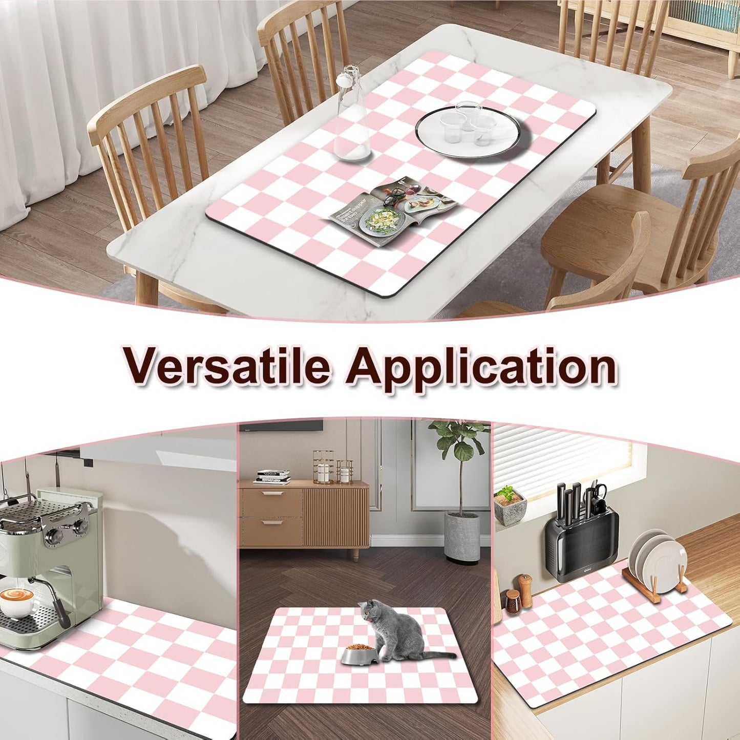 Dish Drying Mat for Kitchen Counter, 16.5’’ X 31.5’’ Absorbent Coffee Mat, Checkered Coffee Bar Mats for Espresso Machine Station, Hides Stains, Rubber Backed Dish Drying Pad, Pink & White