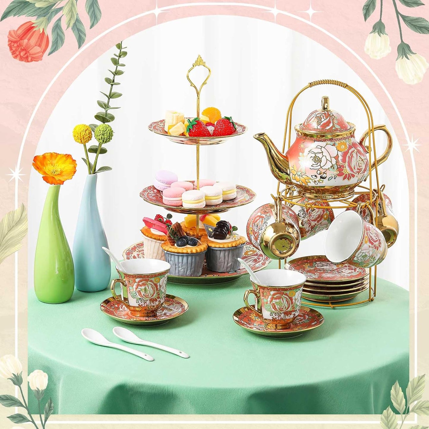 Maxcheck 21 Pcs Tea Party Set for Adults European Floral Tea Set with Metal Holder and 3 Tier Ceramic Cake Stand Porcelain Flower Cup Teapot for Dessert Cupcake(Romantic Style)