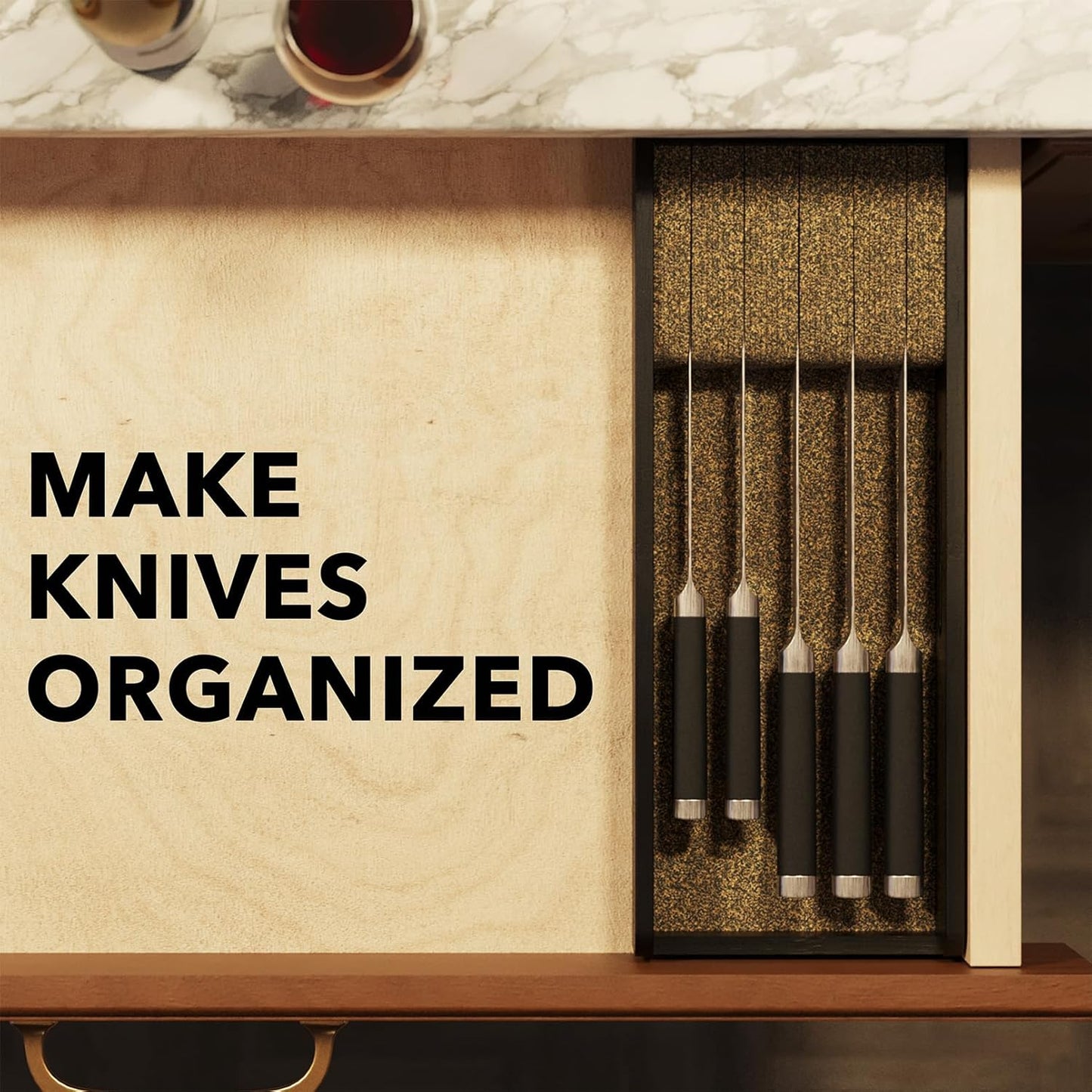 SpaceAid Knife Drawer Organizer Bamboo Insert Dock, Kitchen Steak Knives Holder Organizers Block for Drawer in Storage Organization (Small, Black)