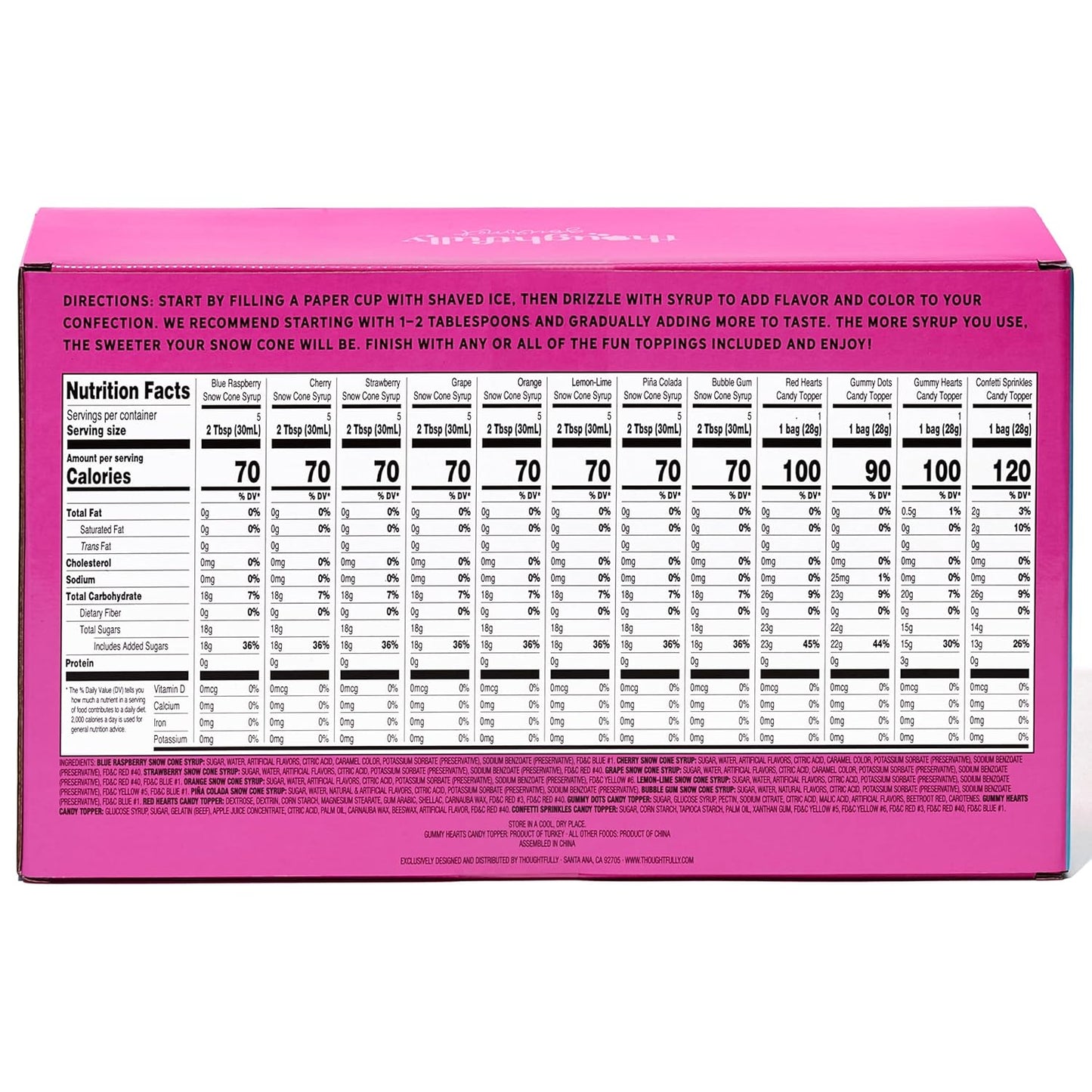 Thoughtfully Gourmet, Snow Cone Party Gift Set, Includes Ingredients for 20 Snow Cones, 8 Flavored Syrups, Toppings, and Paper Cups, Set of 20