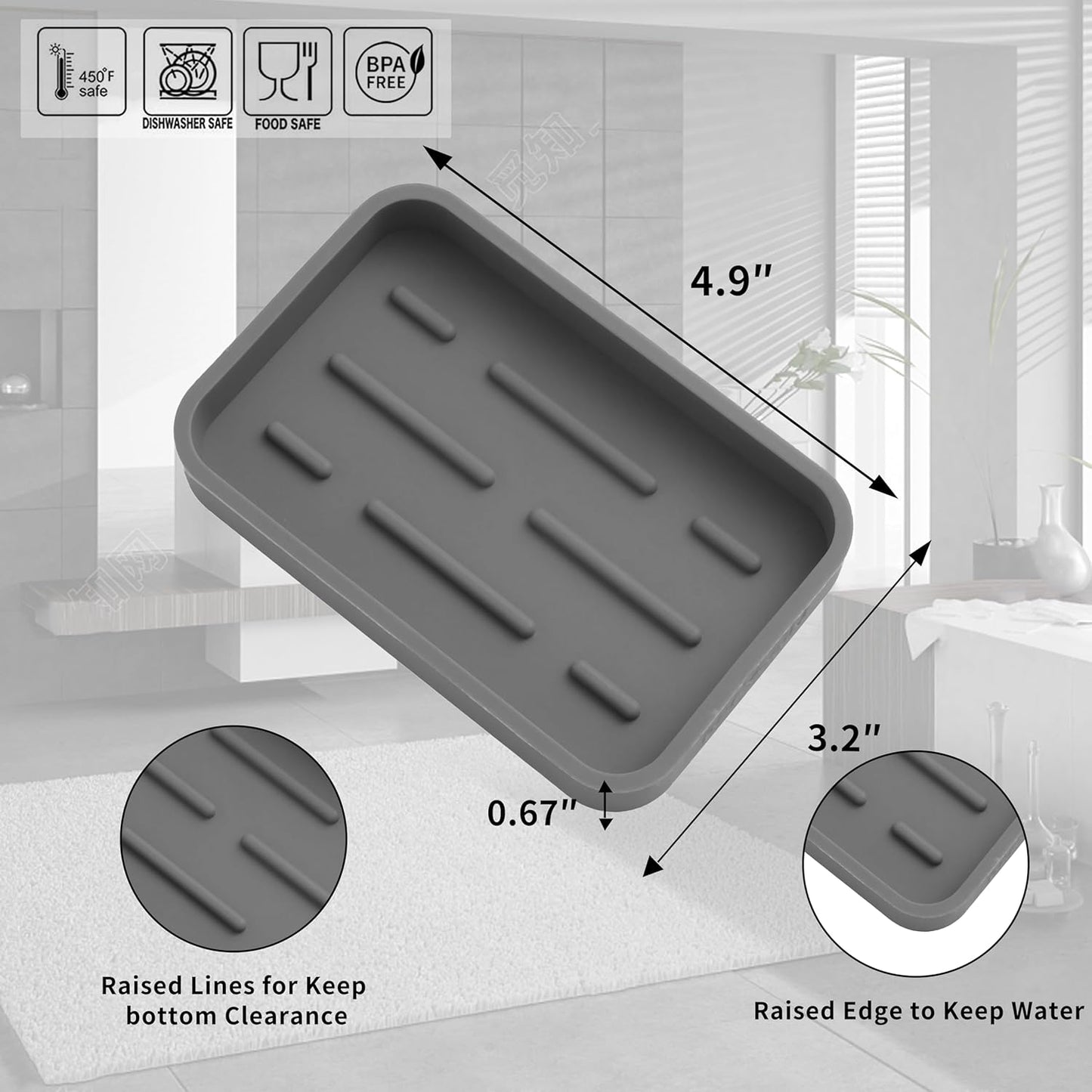 Silicone Kitchen Sink Organizer Tray for Multiple Usage,Easy Clean Sponges Holder for Kitchen Bathroom Counter or Sink,Dish Soap Dispenser,Scrubber,Bottle,Cup Grey 4.9”x 3.2”