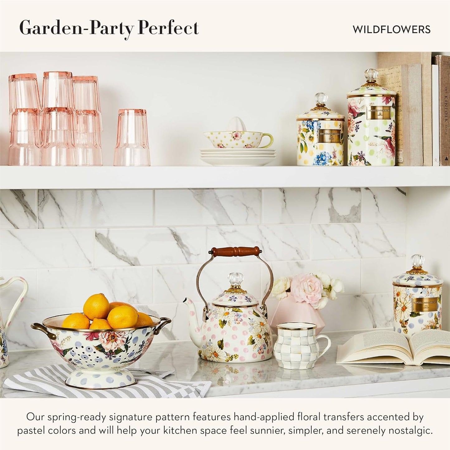 MACKENZIE-CHILDS Wildflowers Enamel Canister, Floral Kitchen Storage Container with Lid, Large