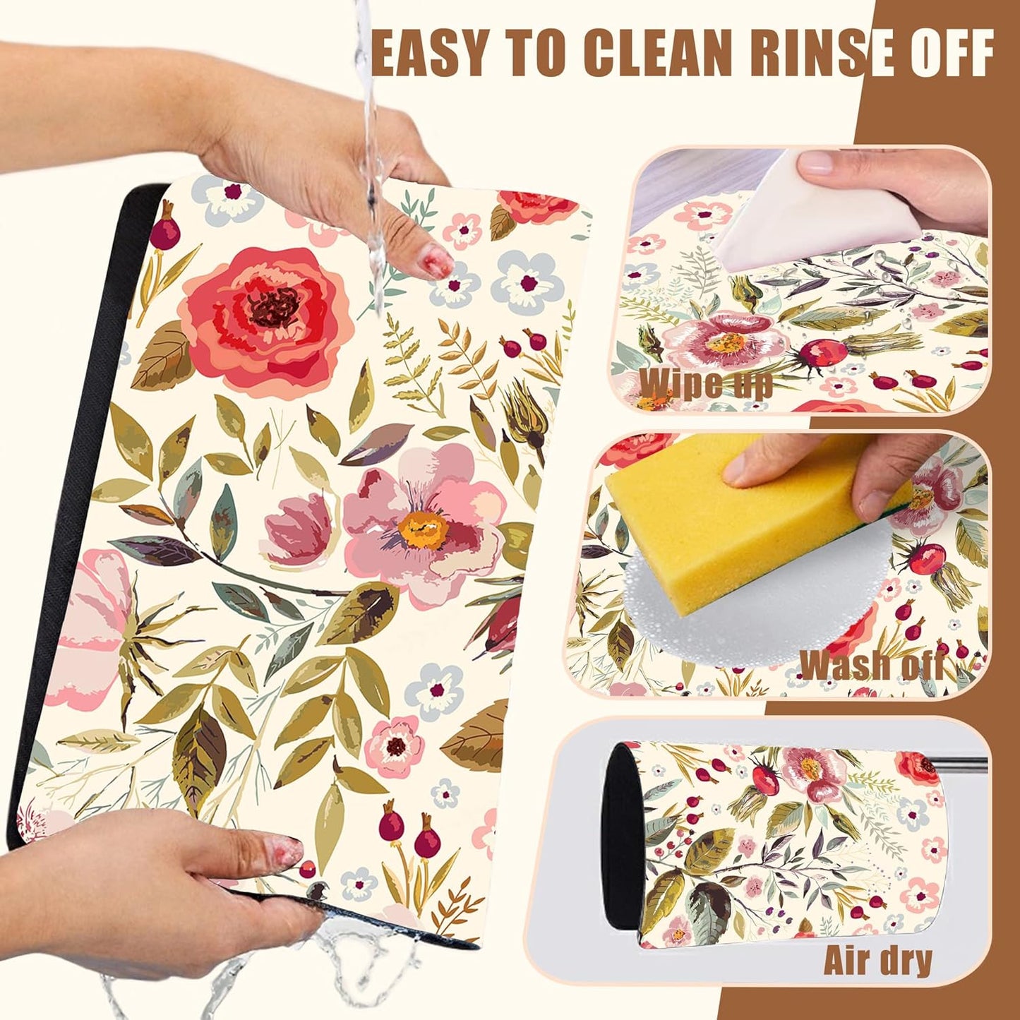 Vintage Flowers Coffee Mat Rose Berries Dish Drying Mat for Kitchen Counter Absorbent Drying Rack Pad Hide Stain Rubber Backed Coffee Bar Accessories Fit Under Espresso Machine, 15.7 x 23.6 Inch