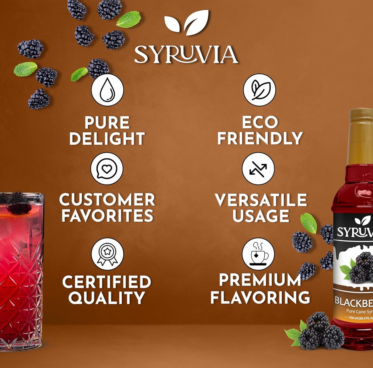 Syruvia Blackberry Syrup - 25.4 fl oz. Kosher and Gluten-Free. Ideal for Enhancing Drinks, Sodas, Shakes, Desserts, and More.