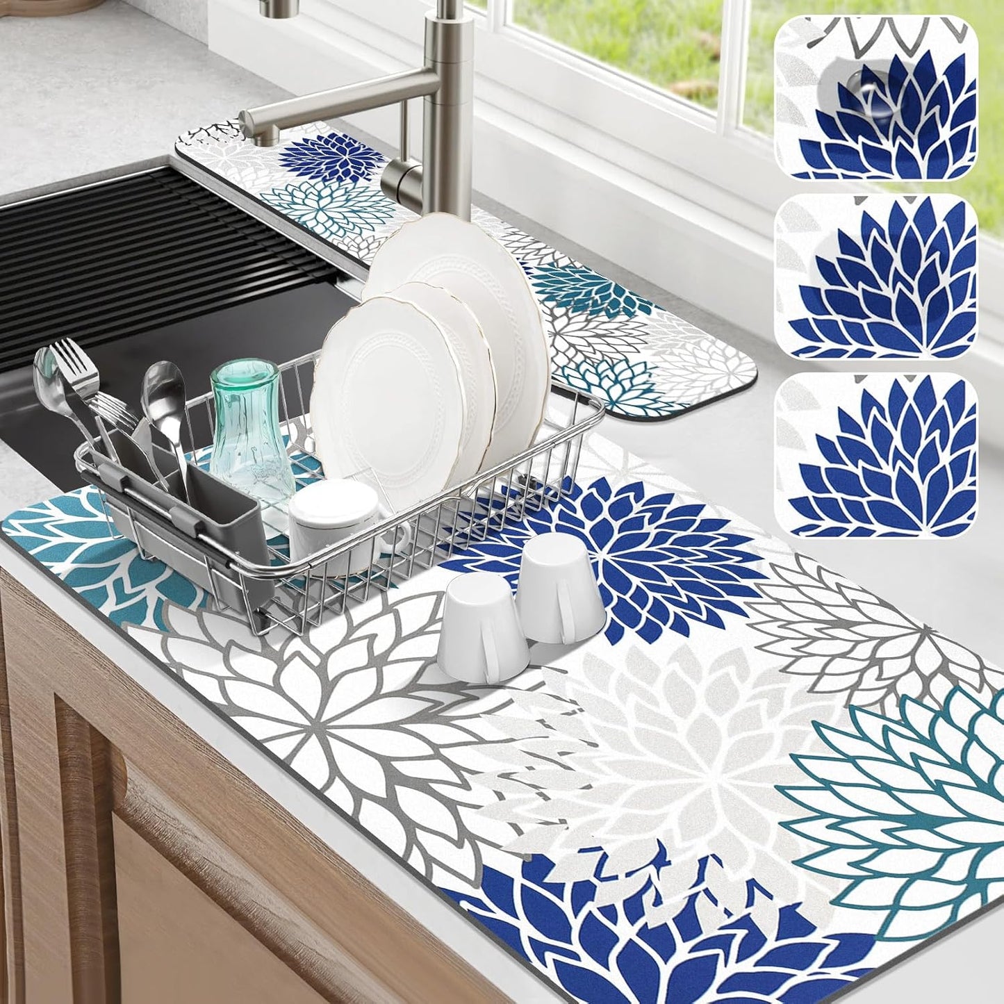 Findosom 2PCS 17" x 32" Dish Drying Mat & 24" x 5.5" Sink Splash Guard, Super Absorbent & Cuttable Dish Mat Drying Kitchen Mat with Blue Floral, Hide Stain Drying Mat for Kitchen Counter