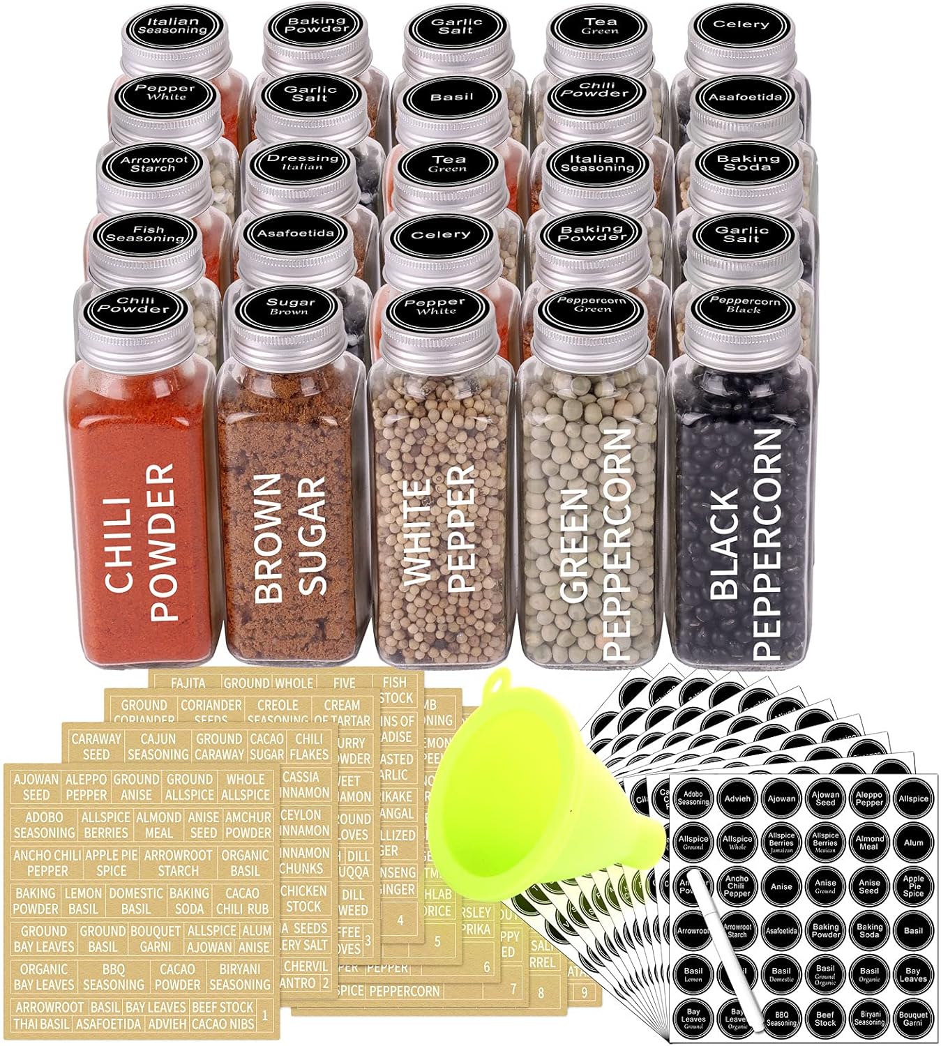 SWOMMOLY 25 Glass Spice Jars 8 oz Empty Spice Bottles with 713 Spice Labels, Chalk Marker and Funnel Complete Set. 25 Square Seasoning Containers with Airtight Cap, Pour/sift Shaker Lid