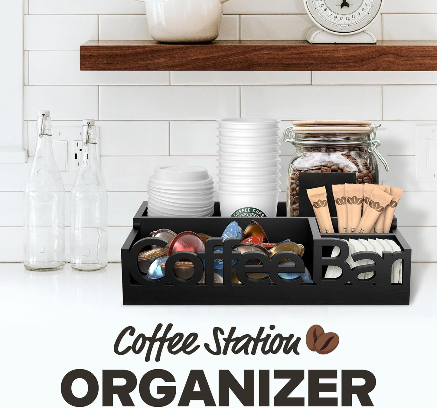 Coffee Bar Organizer for Countertop – Wooden Coffee Caddy with Compartments for Pods, Creamer, Sugar Packets, and Accessories – Coffee Station Storage for Home and Office (Black)