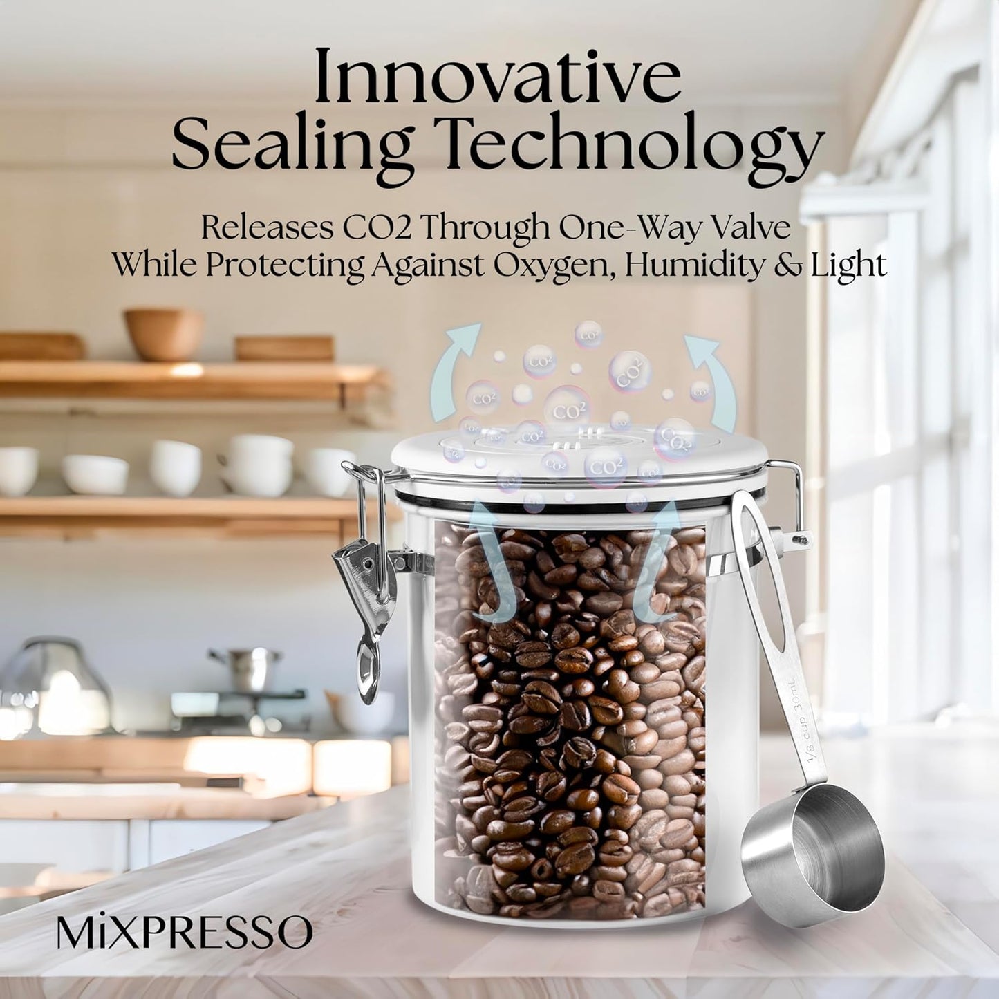 Mixpresso 16 Oz White Coffee Canister, Stainless Steel Airtight Coffee Container, Air tight Jar Tea Storage with Date Tracker, Vacuum Sealed Espresso Airtight Canister, Sugar Container for Home