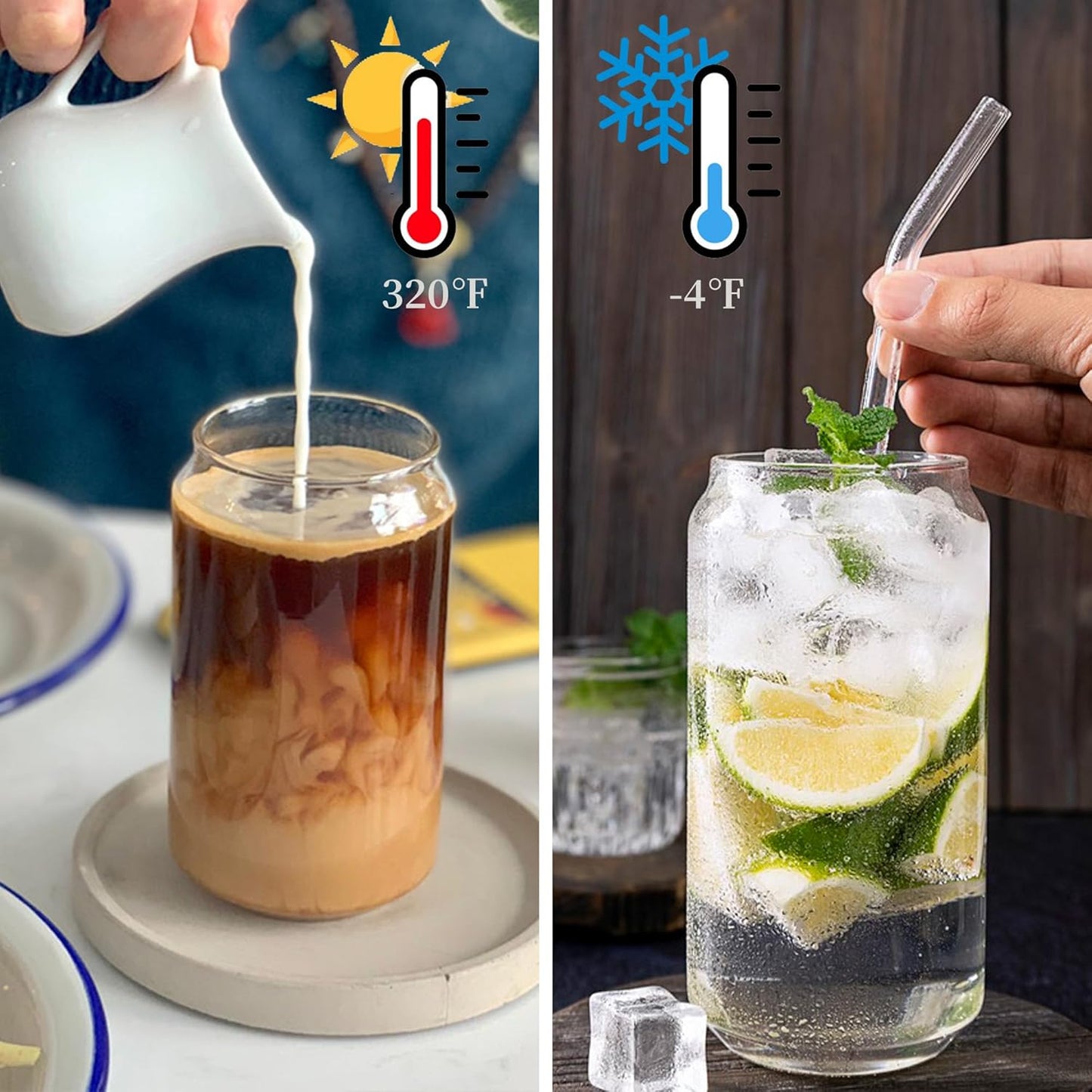 4pcs Set-16oz, Glass Cups with Bamboo Lids and Glass Straw - Beer Can Shaped,CuteTumbler Cup,Soda,deal for Cocktail,Iced Coffee Cups,4 Cleaning Brushes