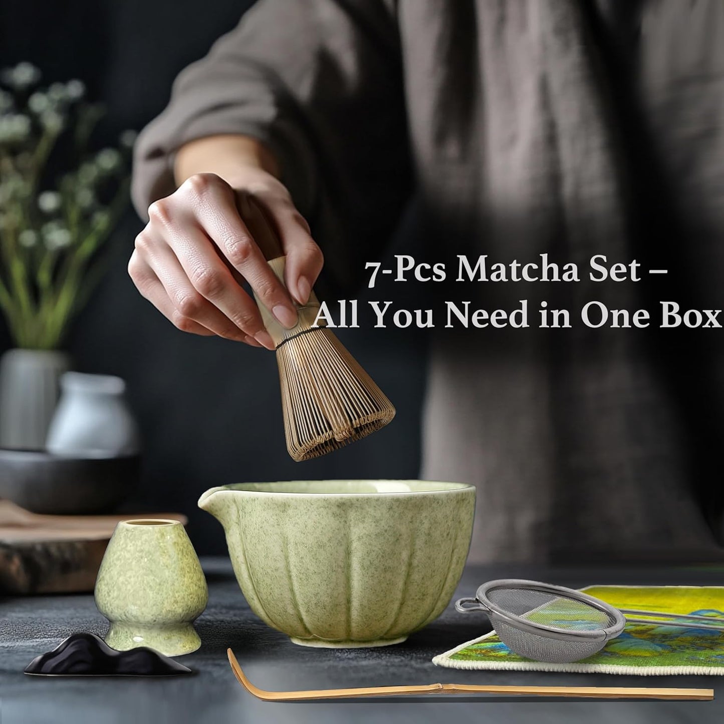 Green Matcha Whisk Set – 7 Pcs Japanese Matcha Kit, Bowl (Chawan) with Spout, Bamboo Whisk (Chasen) & Holder, Scoop (Chashaku), Sifter, Tea Towel – Perfect for Matcha Lovers & Tea Ceremony