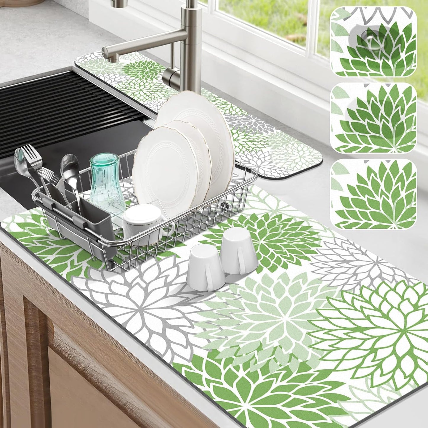 Findosom 2PCS 17" x 32" Dish Drying Mat & 24" x 5.5" Sink Splash Guard, Super Absorbent & Cuttable Dish Mat Drying Kitchen Mat with Green Floral, Hide Stain Drying Mat for Kitchen Counter