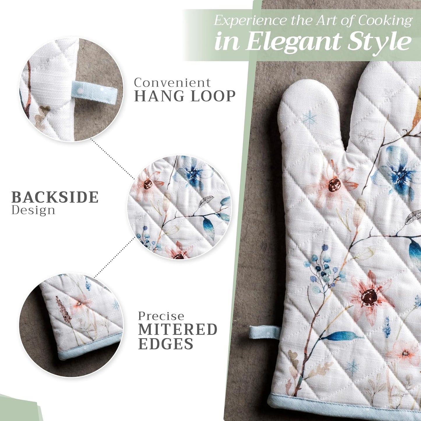 Maison d' Hermine Oven Gloves 100% Cotton Oven Mitt 7" x 13" with Loop Heat Resistant, BBQ, Cooking Gloves, Baking, Grilling, Kitchen, Handling Hot Pans (Pack of 1, Ice Florals)