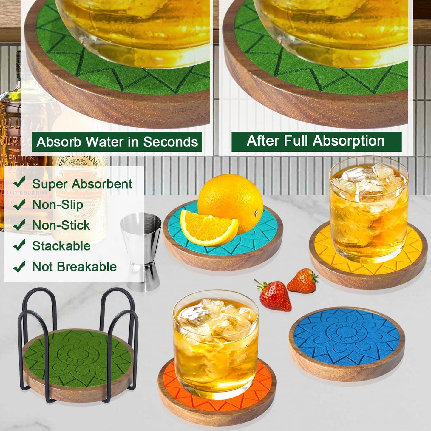 Coasters for Drinks Absorbent 5 Pack, Coasters for Coffee Table with Holder, Wood Coasters with Felt Pads, Non-Slip, Non-Stick, Suit for Kinds of Cups 4.3 inch (Colorful), Round