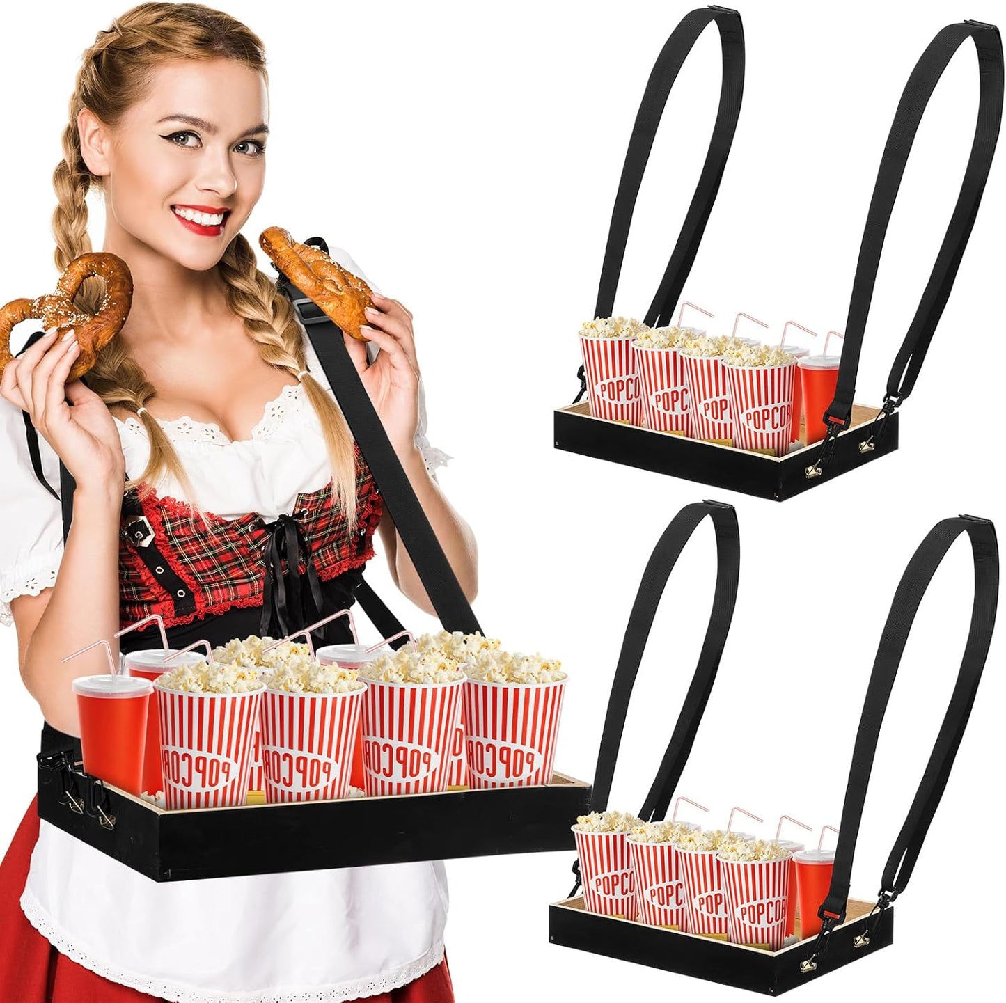 Marsui 2 Pcs Halloween Snack Trays with Straps 15 x 11 x 2 Inch Wooden Movie Night Snack Drink Trays Vendor Usherette Popcorn Drink Beverage Carrier for 20's Theme Carnival Party Costume(Black)