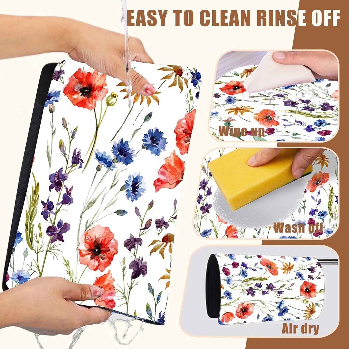 Watercolor Flowers Coffee Mat Daisy Dish Drying Mat for Kitchen Counter Absorbent Hide Stain Rubber Backed Coffee Bar Accessories Fit Under Espresso Machine Dish Drainer 15.7 x 23.6 Inch