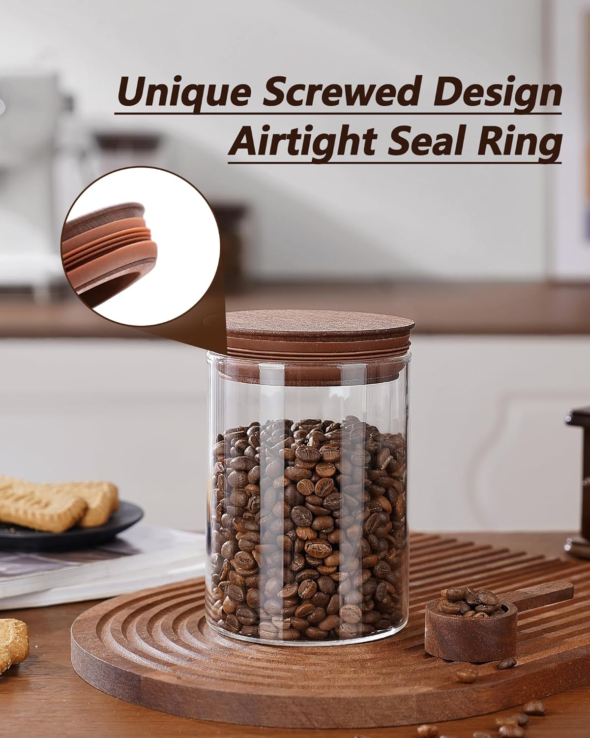27oz Coffee Canister with Scoop and Wooden Lids, Airtight Coffee Grounds Container Set of 2 for Coffee Bar Organizer, Glass Jar for Coffee Beans Storage