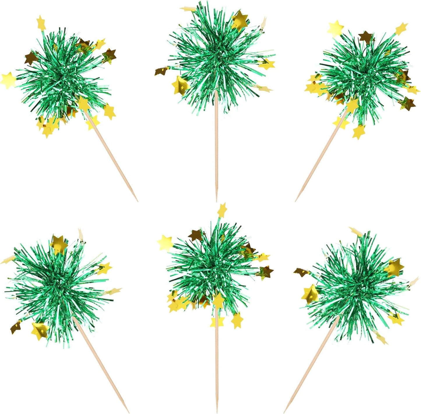 30 PCS Foil Firework Cupcake Toppers Happy Birthday Star Cupcake Picks Sparkle Tinsel Drink Stirrers Cocktail Fruit Toothpicks for Valentine's Day Wedding Birthday Party Decorations Supplies Green