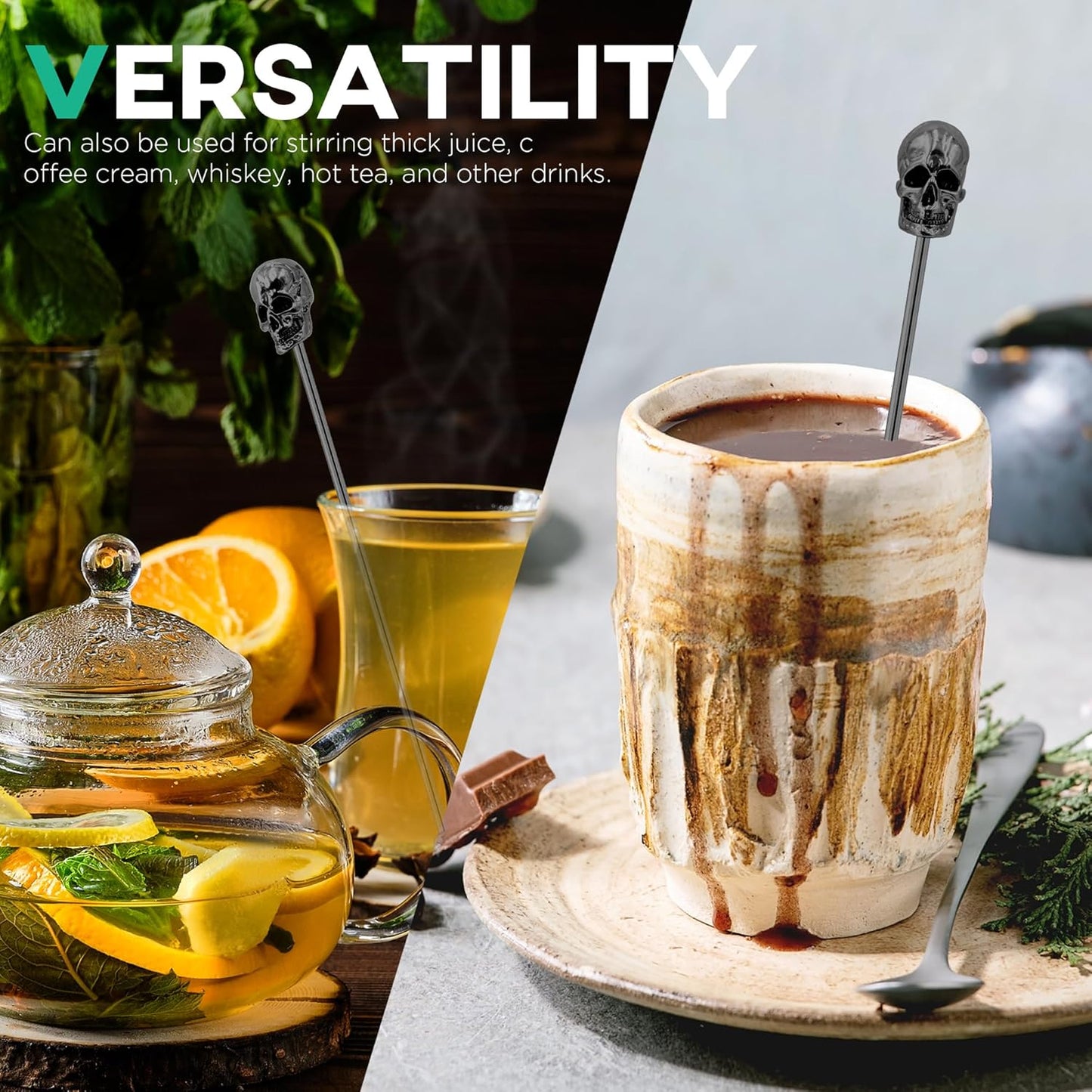 Homestia 6Pcs Skull Swizzle Sticks 7.5inch Coffee Stirrers Reusable Stainless Steel Beverage Cocktail Stirrer for Bar Halloween Party Mixing Drinks (Black)