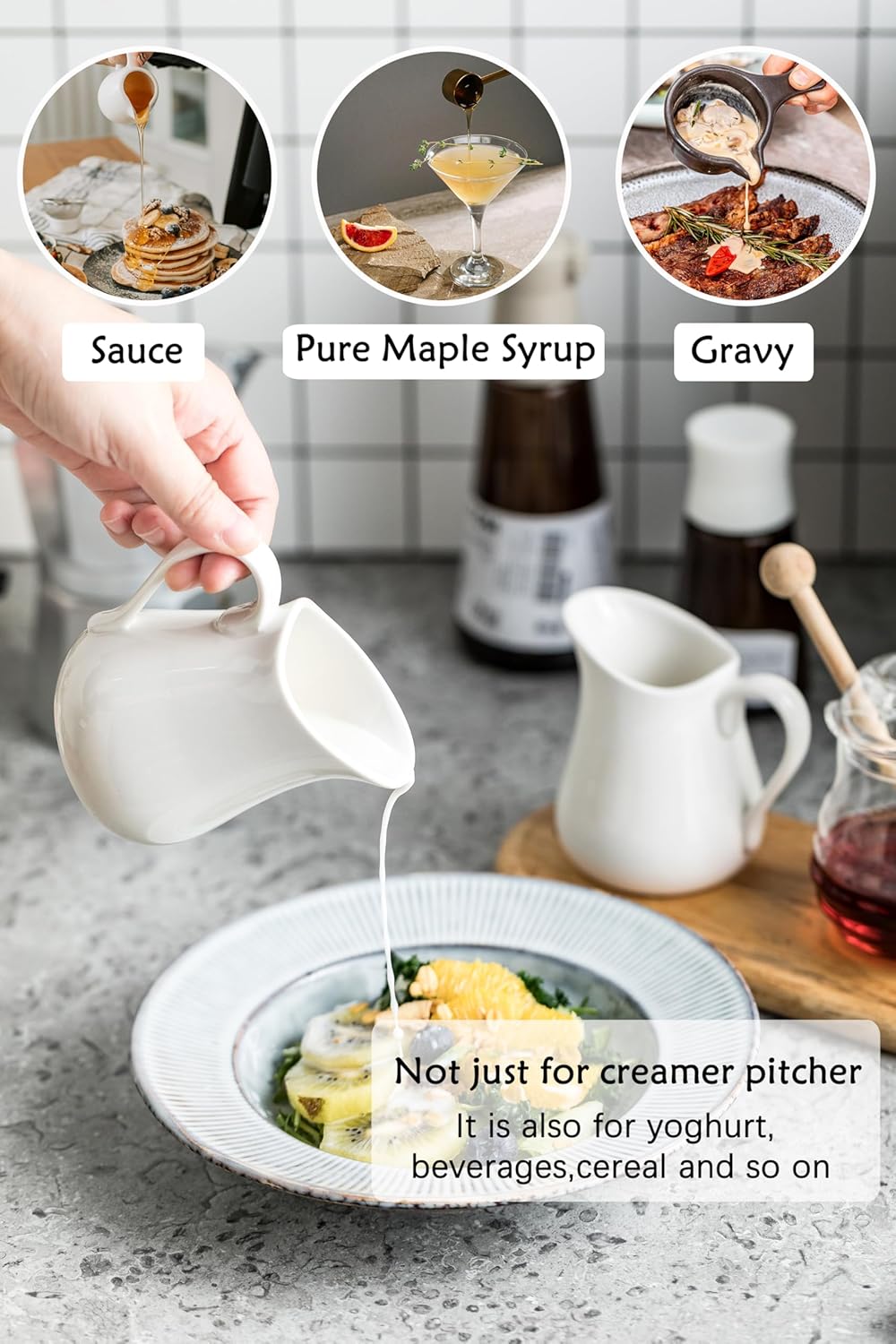 2 PCS Small Creamer Pitcher Set, 9 OZ Ceramics Creamer Pitcher with Handle for Farmhouse Kitchen Coffee Milk Sauces, White