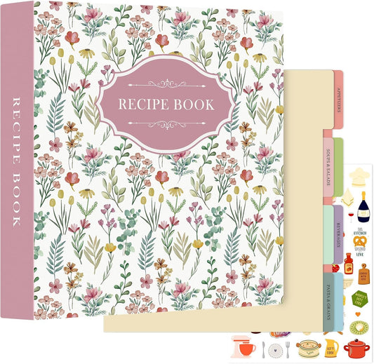 Lanpn Recipe Binder 8.5x11 3 Ring Kit, Blank Organizer Recipe Binder Waterproof Cookbook to Write in Your Own Recipes with 60 Plastic Sleeves,116 Recipes, Dividers,Labels & Stickers, Pink