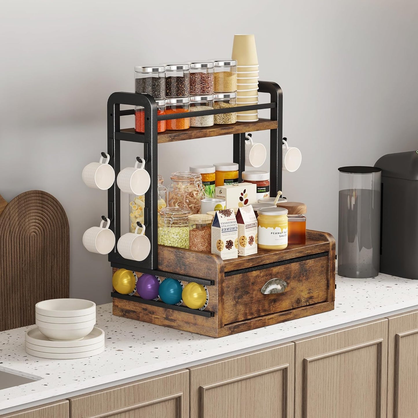 Homeiju Coffee Station Organizer, 40 Coffee Pods Storage & 8 Mug Hooks,Nespresso Pods Holder, Space-Saving Countertop Storage, Rustic Brown
