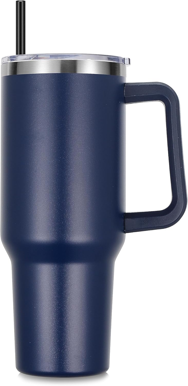 DOMICARE 40 oz Tumbler with Handle and Straw, Stainless Steel Tumbler with Lid and Straw, Reusable Vacuum Insulated Cup, Travel Coffee Mug, Navy Blue, 1Pack