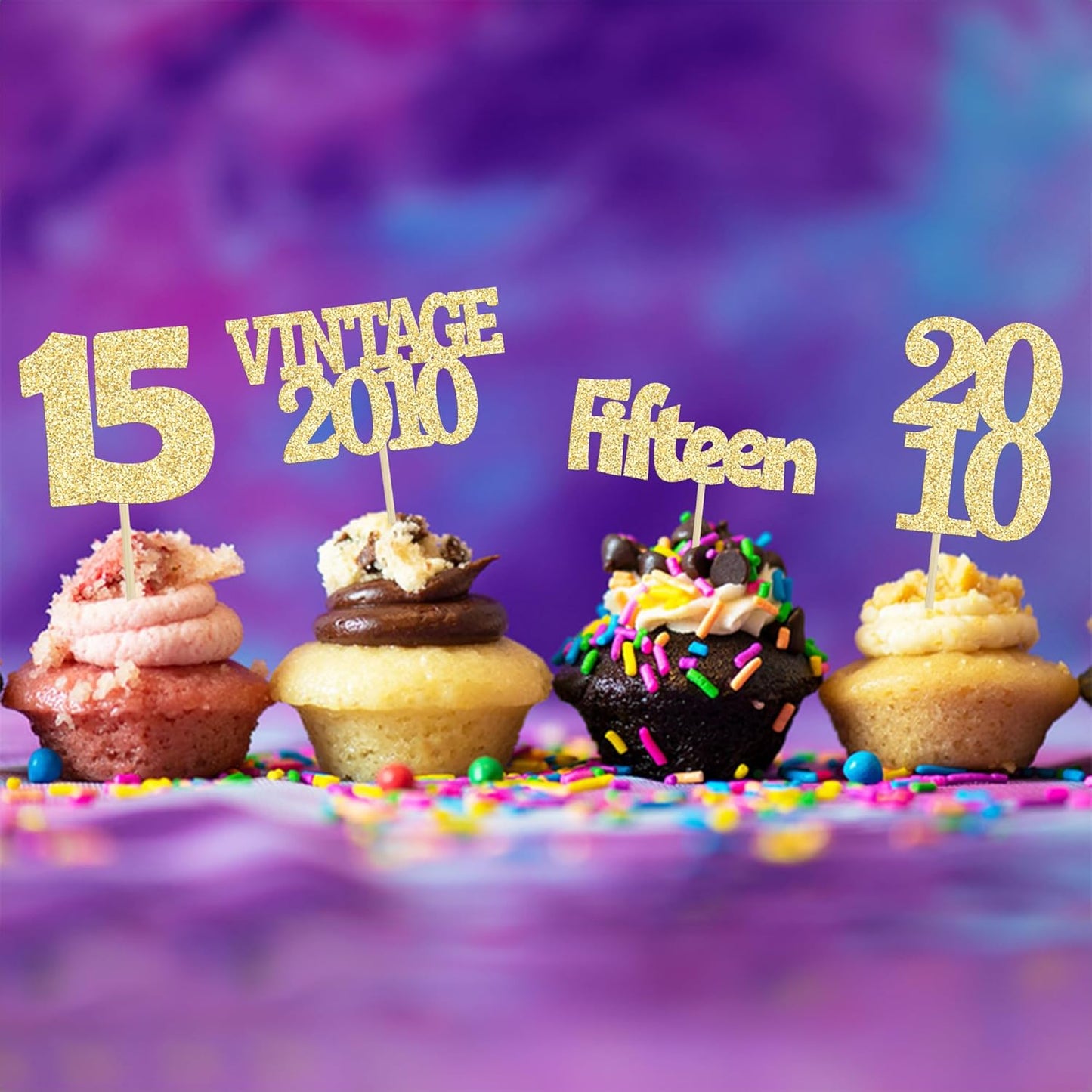 Gyufise 24Pcs Sweet 15 Cupcake Toppers Glitter Fifteen Vintage 2010 15th Birthday Cupcake Picks Hello 15 Years Birthday Cake Decorations for Happy 15th Anniversary Party Supplies Gold
