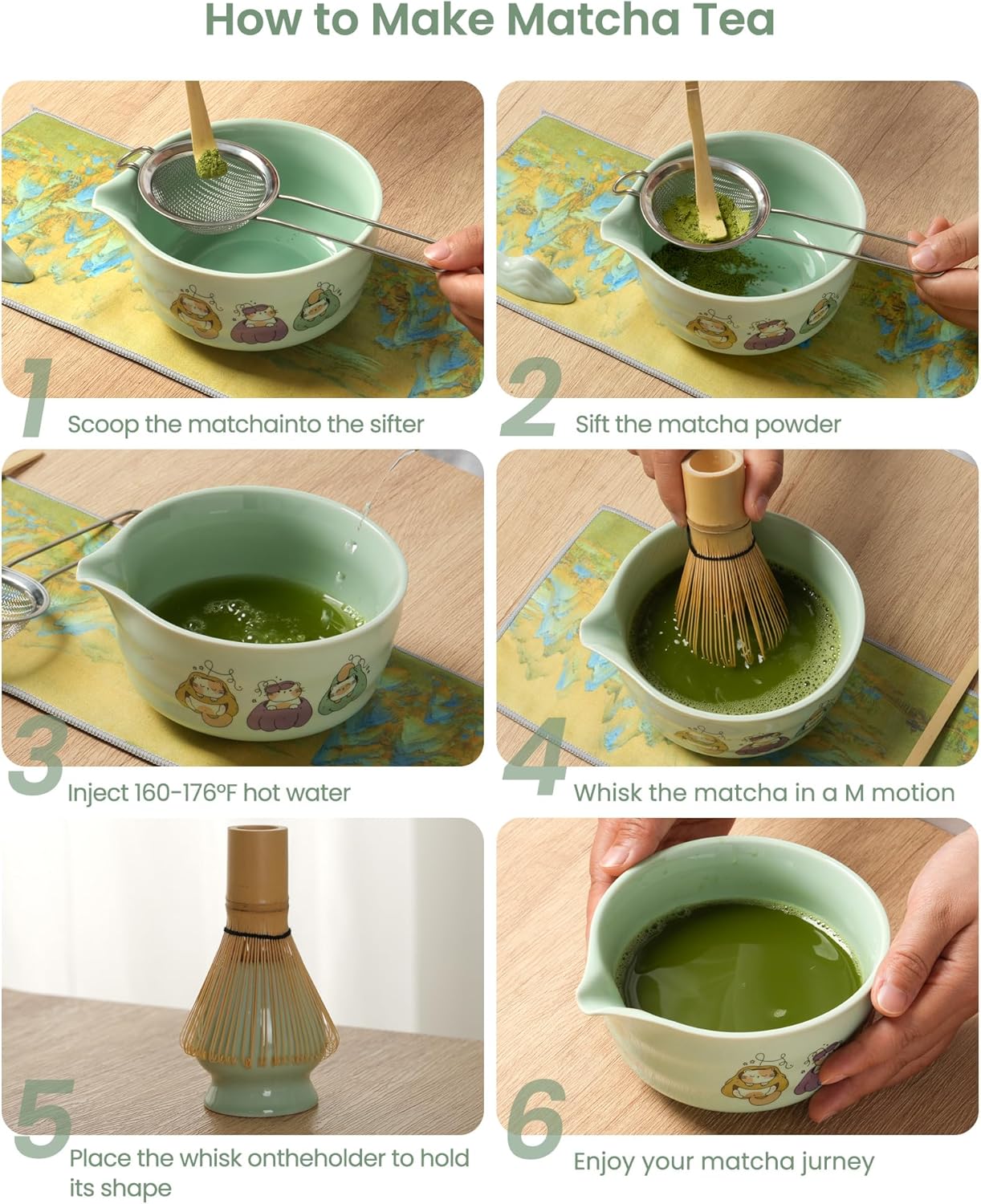 Matcha Whisk Set, 7 Pcs Japanese Matcha Kit with Ceramic Cat Print Bowl-430ml/15oz, Bamboo Whisk & Holder, Scoop, Scoop Rest, Sifter & Tea Towel, Complete Matcha Tea Set for Beginners-Green