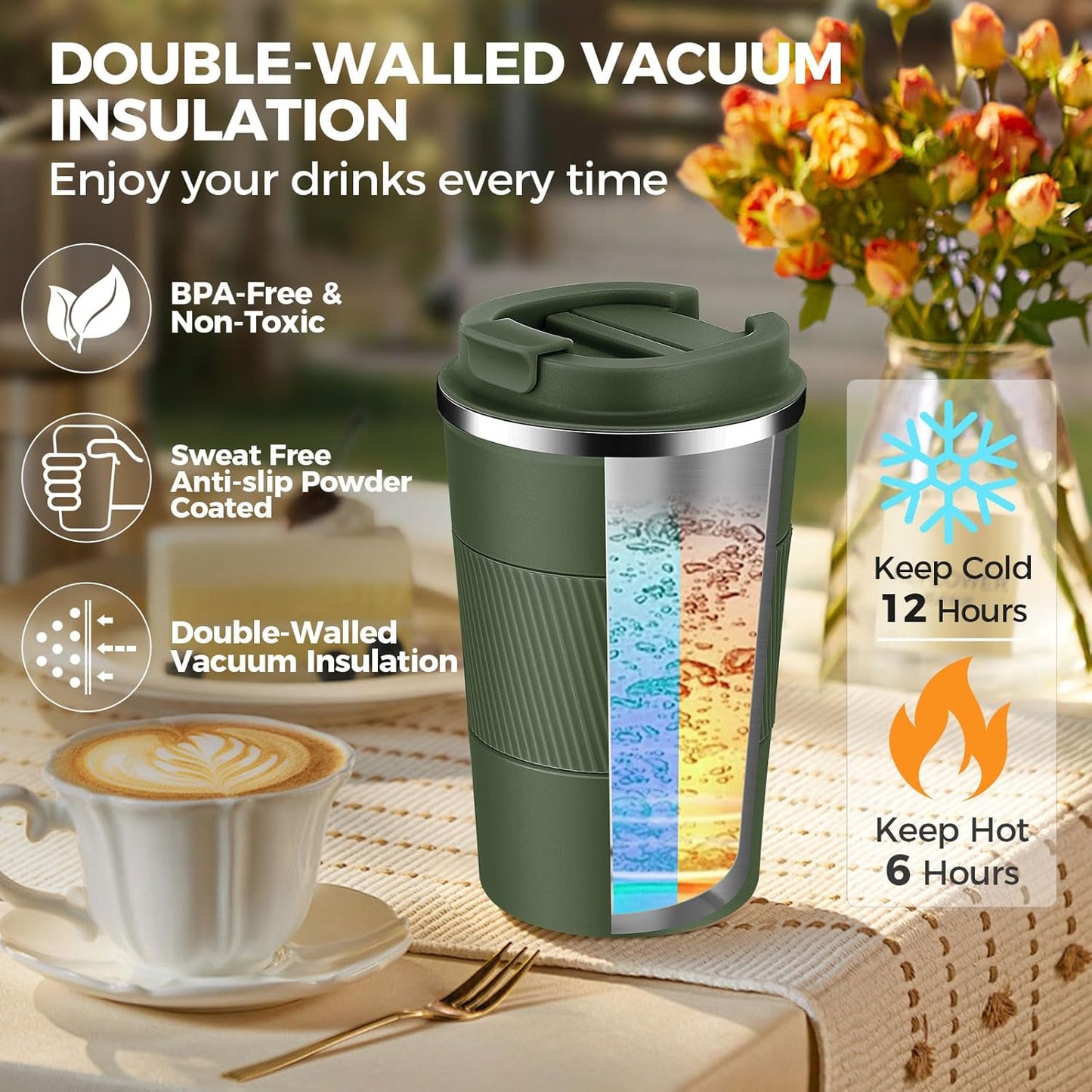 Volhoply 13 oz Stainless Steel Insulated Travel Coffee Mug with Fip Lid Bulk 4 Pack,Reusable Double Wall Vacuum Metal Coffee Cup,Portable Leak Proof Thermal Tumbler for Hot & Cold Drinks(Army Green,4)