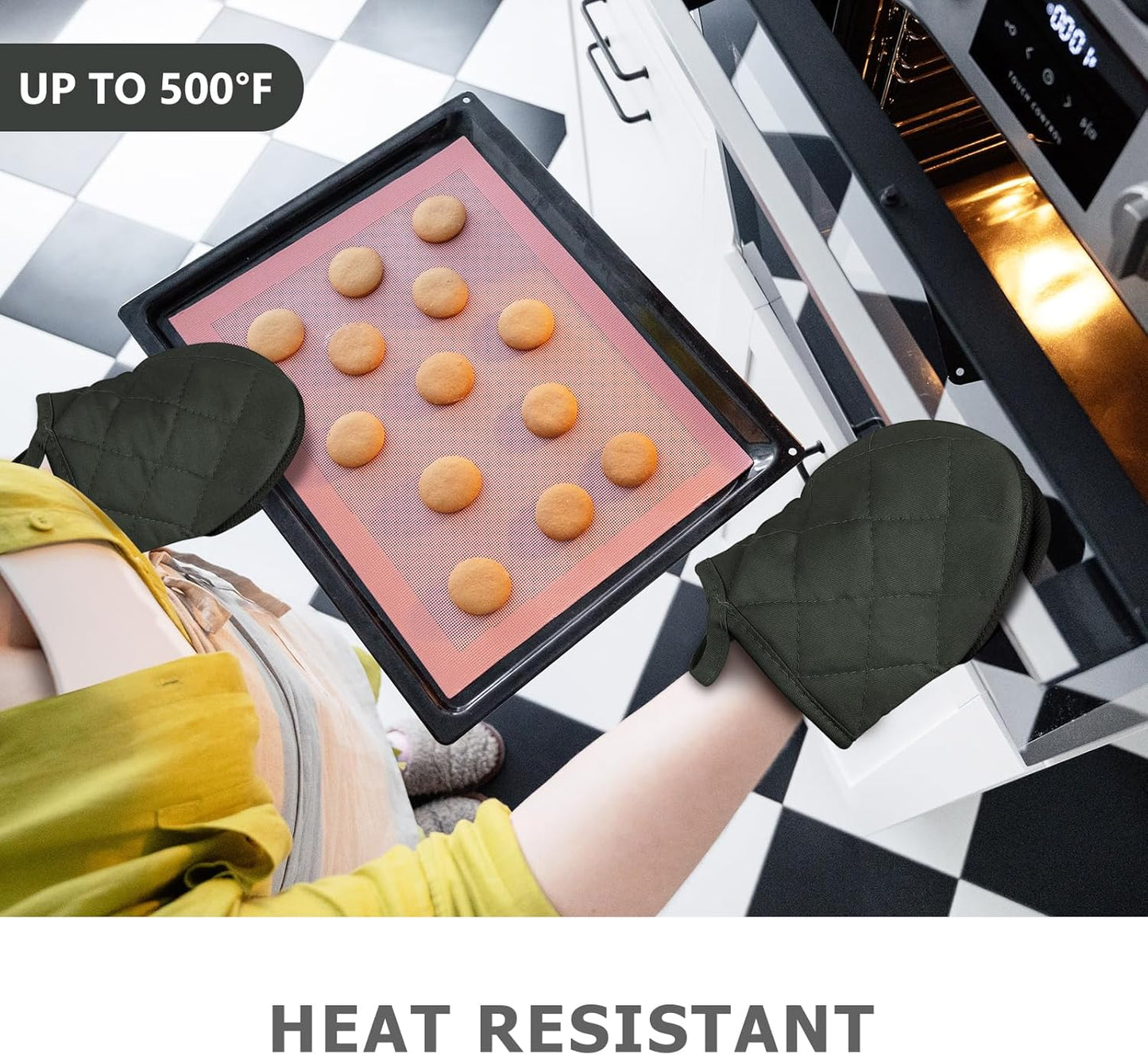 1 Pair Short Oven Mitts, Heat Resistant Silicone Kitchen Mini Oven Mitts for 500 Degrees, Non-Slip Grip Surfaces and Hanging Loop Gloves, Baking Grilling Barbecue Microwave Machine Washable (Gray)