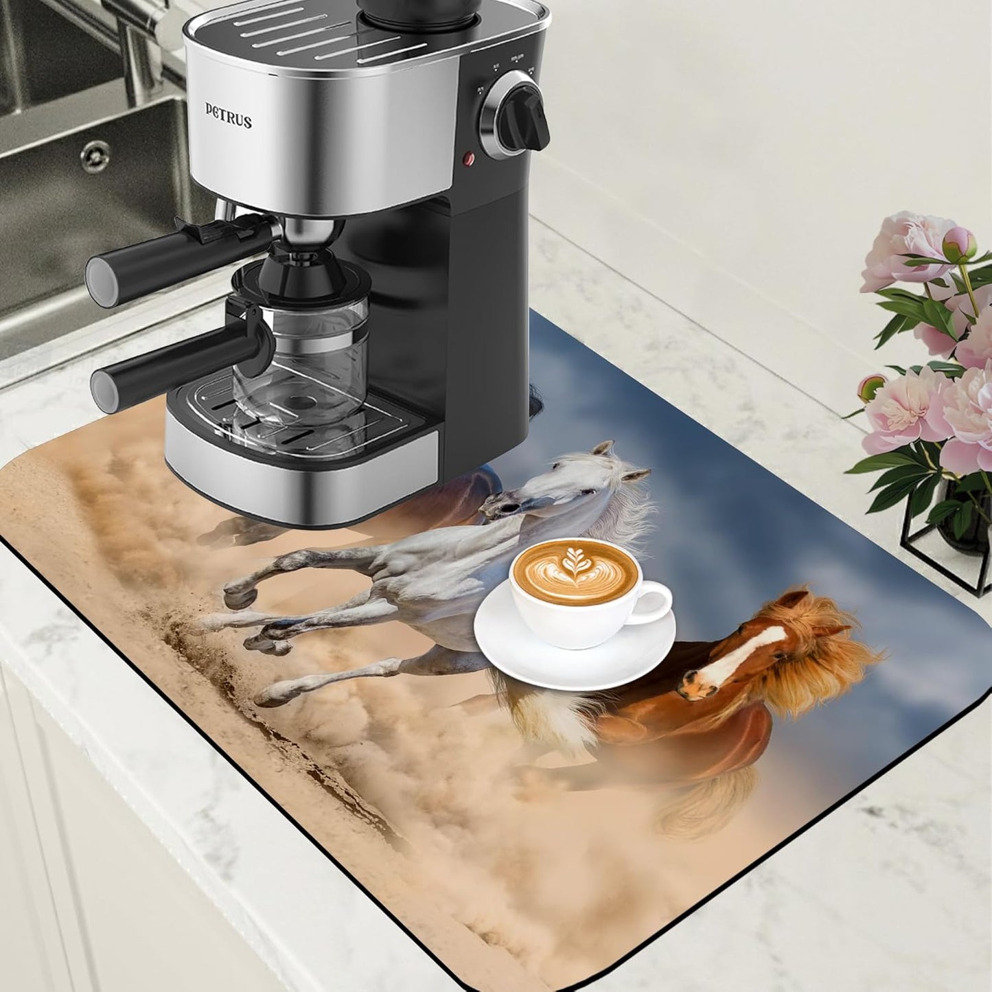 Horses Run in Desert Coffee Mat Absorbent Dish Drying Mat for Kitchen Counter Hide Stain Rubber Backed Coffee Bar Accessories Fit Under Espresso Machine Cafe Table, 15.7 x 23.6 Inch